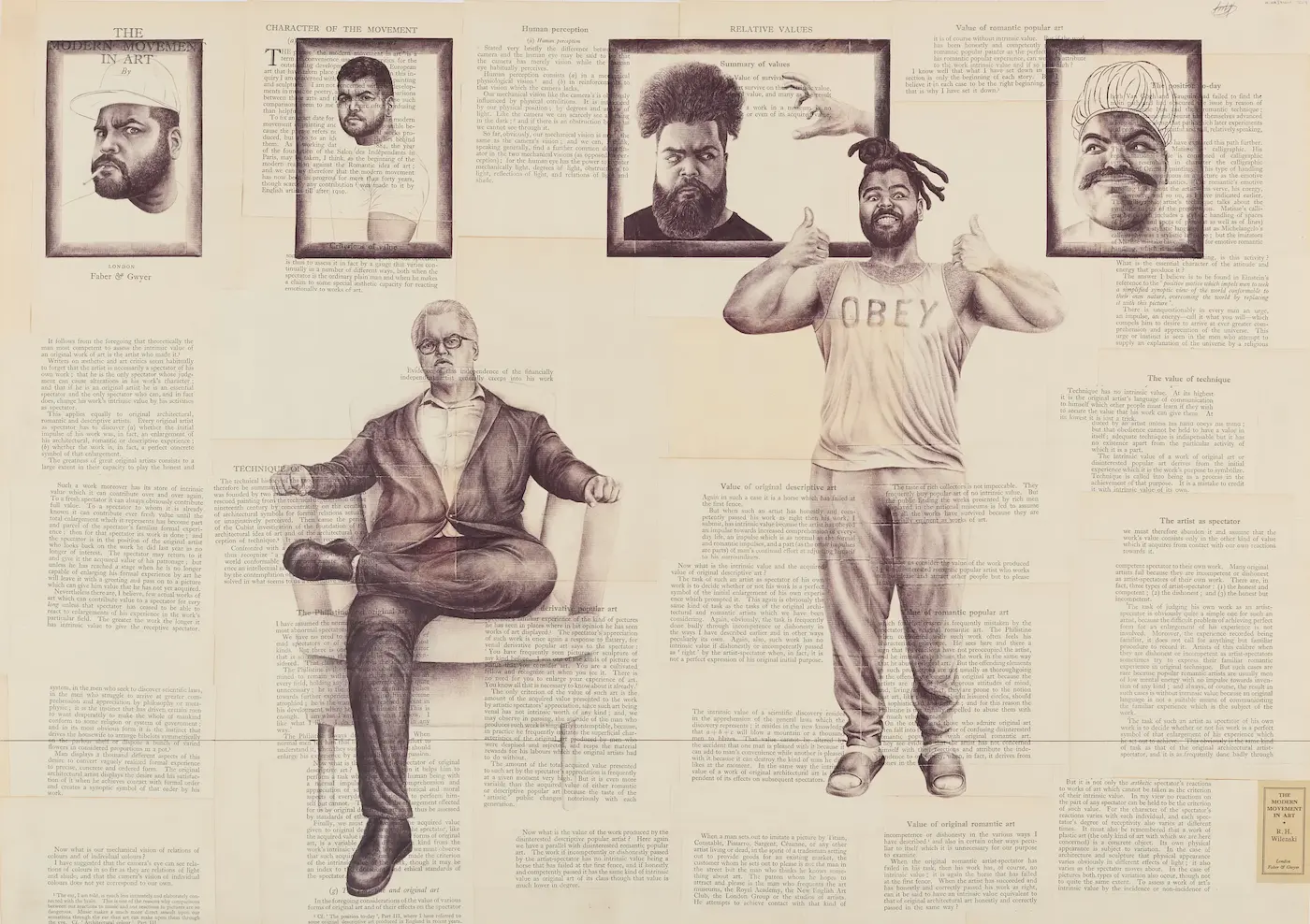 Artwork The Collector and the Artist (2024) by Habib Hajallie, ballpoint pen on collaged paper, featuring detailed portraits and text exploring identity, representation, and cultural dialogue, exhibited at 1-54 Contemporary African Art Fair London 2025.
